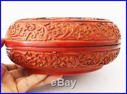 18th C. ANTIQUE LARGE CHINESE LACQUER CINNABAR BOX BOWL WOOD DRAGON 5 CLAWS