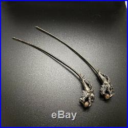 18th Century Antique Chinese Qing Dynasty Silver Dragon Hair Pin 2PC