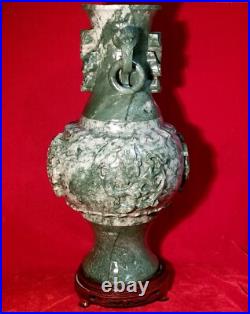 19 Chinese Natural Green Dushan Jade DRAGON Hand Carved GU Vase vtg China RARE 19 Chinese Natural Green Dushan Jade DRAGON Hand Carved GU Vase vtg China RARE