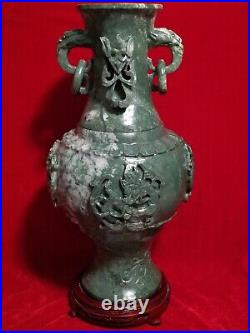 19 Chinese Natural Green Dushan Jade DRAGON Hand Carved GU Vase vtg China RARE