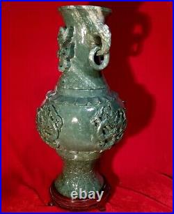 19 Chinese Natural Green Dushan Jade DRAGON Hand Carved GU Vase vtg China RARE