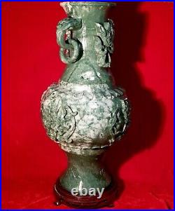 19 Chinese Natural Green Dushan Jade DRAGON Hand Carved GU Vase vtg China RARE