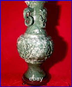 19 Chinese Natural Green Dushan Jade DRAGON Hand Carved GU Vase vtg China RARE 19 Chinese Natural Green Dushan Jade DRAGON Hand Carved GU Vase vtg China RARE