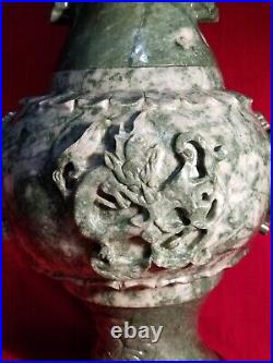 19 Chinese Natural Green Dushan Jade DRAGON Hand Carved GU Vase vtg China RARE