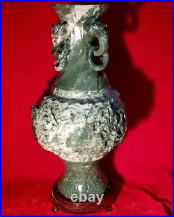 19 Chinese Natural Green Dushan Jade DRAGON Hand Carved GU Vase vtg China RARE