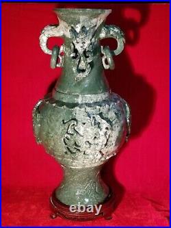 19 Chinese Natural Green Dushan Jade DRAGON Hand Carved GU Vase vtg China RARE