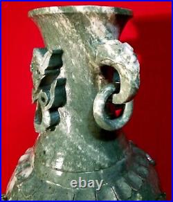 19 Chinese Natural Green Dushan Jade DRAGON Hand Carved GU Vase vtg China RARE