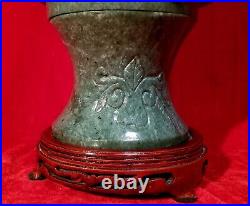 19 Chinese Natural Green Dushan Jade DRAGON Hand Carved GU Vase vtg China RARE 19 Chinese Natural Green Dushan Jade DRAGON Hand Carved GU Vase vtg China RARE