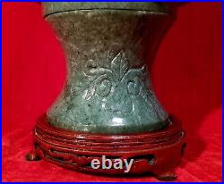 19 Chinese Natural Green Dushan Jade DRAGON Hand Carved GU Vase vtg China RARE