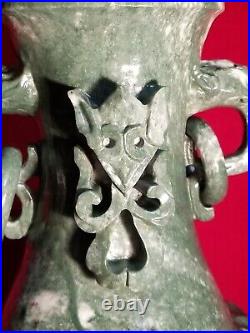 19 Chinese Natural Green Dushan Jade DRAGON Hand Carved GU Vase vtg China RARE 19 Chinese Natural Green Dushan Jade DRAGON Hand Carved GU Vase vtg China RARE
