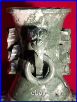 19 Chinese Natural Green Dushan Jade DRAGON Hand Carved GU Vase vtg China RARE 19 Chinese Natural Green Dushan Jade DRAGON Hand Carved GU Vase vtg China RARE