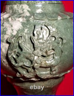 19 Chinese Natural Green Dushan Jade DRAGON Hand Carved GU Vase vtg China RARE 19 Chinese Natural Green Dushan Jade DRAGON Hand Carved GU Vase vtg China RARE