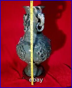 19 Chinese Natural Green Dushan Jade DRAGON Hand Carved GU Vase vtg China RARE