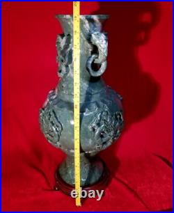 19 Chinese Natural Green Dushan Jade DRAGON Hand Carved GU Vase vtg China RARE 19 Chinese Natural Green Dushan Jade DRAGON Hand Carved GU Vase vtg China RARE