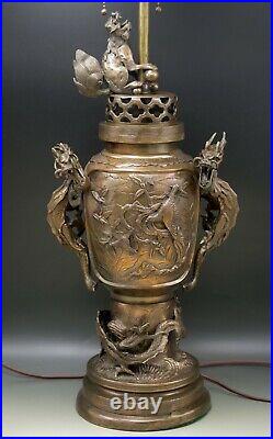 1900's CHINESE BRONZE FIGURAL TABLE LAMP WITH DRAGONS FOO DOG GAME BIRDS ANTIQUE