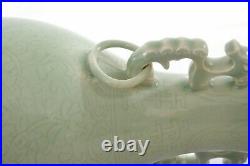 1900's Chinese 2 Celadon Monochrome Incised Porcelain Vase Dragon Ears Marked