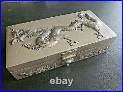 1900s CHINA CHINESE HIGH RELIEF DRAGON WHITE METAL BOX