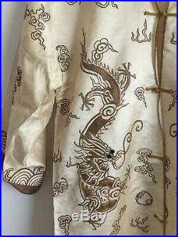 1920s 20s Vintage Chinoiserie Dragon Chinese Hand Embroidered Robe Jacket Silk