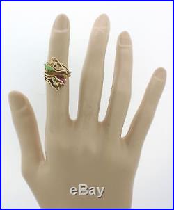 1920s Antique Art Deco 14k Yellow Gold Chinese Dragon Red Green Gem Stone Ring