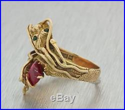 1920s Antique Art Deco 14k Yellow Gold Chinese Dragon Red Green Gem Stone Ring
