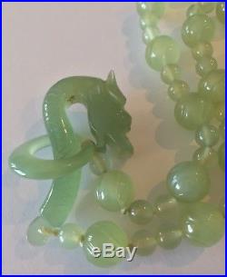 1920s Antique Carved Celadon Jade Dragon Clasp Necklace Chinese Export Rare
