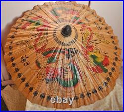 1930 Oil Paper Umbrella Parasol Chinese Decor Dragon Rooster Bridal BAMBOO Rare