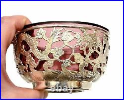 1930's Chinese Pierce Solid Silver Dragon Purple Peking Glass Bowl Mk