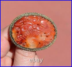 1930's Chinese Silver Plated Agate Carnelian Carved Dragon Brooch NOT SILVER