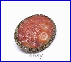 1930's Chinese Silver Plated Agate Carnelian Carved Dragon Brooch NOT SILVER