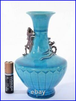 1930's Chinese Turquoise Crackle Glaze Sancai Porcelain Vase Relief Dragon