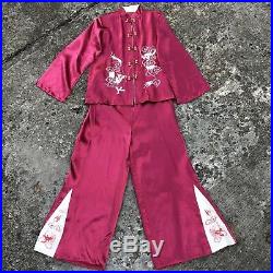 1940s Raspberry Satin Chinese Lounge Pajamas 2Pce Palazzo Embroidered Dragons