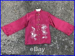 1940s Raspberry Satin Chinese Lounge Pajamas 2Pce Palazzo Embroidered Dragons