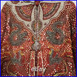 1970s Beaded & Rhinestone Chinese Dragon & Phoenix Red Silk Jacket1000s Beads
