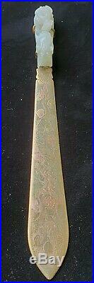 19C Chinese Carved Large Green Nephrite Jade Dragon Belt Hook / Page Turner