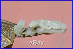 19C Chinese Jade Carved Carving Dragon Belt Hook Gilt Brass Iron & Cover