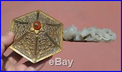 19C Chinese Jade Carved Carving Dragon Belt Hook Gilt Brass Iron & Cover