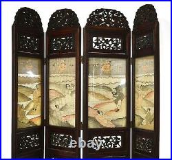 19C Chinese Kesi Kossu Silk Embroidery Hardwood Wood Carved Screen Panel Dragon