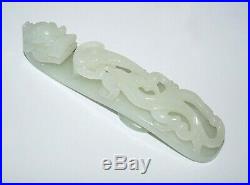 19C Chinese Well Carved Large Green Nephrite Jade Dragon Belt Hook (Sup)