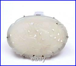 19C Chinese White Jade Carved Dragon Plaque Hat Button Silver Clip Pin Brooch