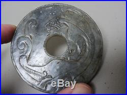 19TH C. ANTIQUE CHINESE HAND CARVED JADE BI DISC / AMULET ON STAND with DRAGON