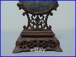 19TH C. ANTIQUE CHINESE HAND CARVED JADE BI DISC / AMULET ON STAND with DRAGON
