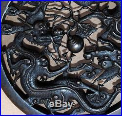 19thc Antique Chinese Bronze Ginger Jar LID With 2 Wonderful Dragons Pearl Fire