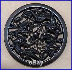19thc Antique Chinese Bronze Ginger Jar LID With 2 Wonderful Dragons Pearl Fire