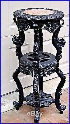 19c CHINESE ROSEWOOD DRAGONS CARVED MARBLE TOP 3 TIERS SIDE TABLE, PLANT STAND