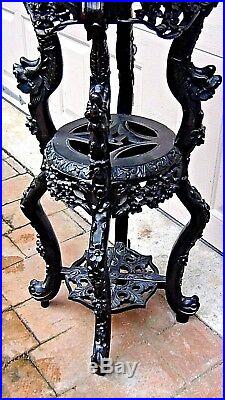 19c CHINESE ROSEWOOD DRAGONS CARVED MARBLE TOP 3 TIERS SIDE TABLE, PLANT STAND