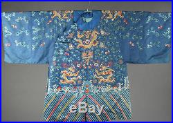 19th ANTIQUE CHINESE EMBROIDERY BLUE ROBE QING DYNASTY DRAGON