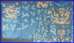 19th ANTIQUE CHINESE EMBROIDERY BLUE ROBE QING DYNASTY DRAGON