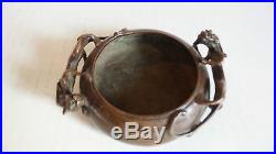 19th CENTURY ANTIQUE CHINESE BRONZE CENSER, DRAGON HANDLES, SIGNED
