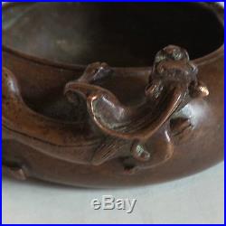 19th CENTURY ANTIQUE CHINESE BRONZE CENSER, DRAGON HANDLES, SIGNED
