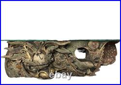 19th CENTURY CHINESE QING CARVED PAINTED WOOD DRAGON SHELF GLASS TOP WEIGHS 17lb